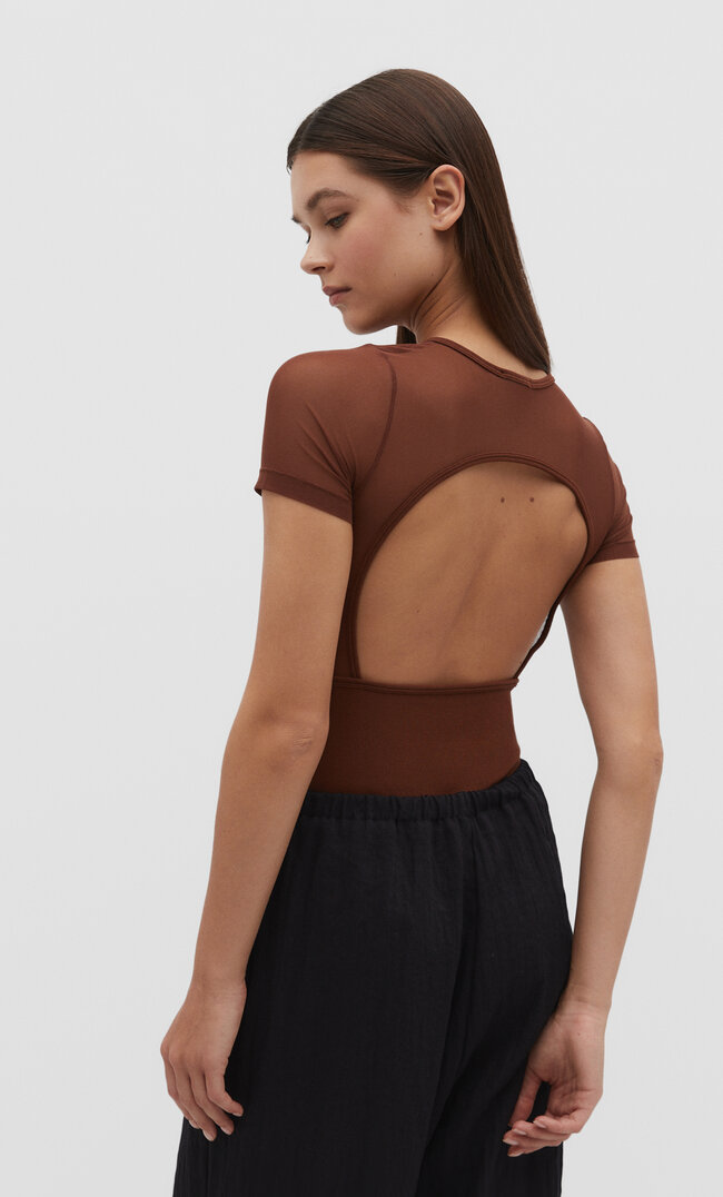 

Stradivarius Body z krótkim rękawem i przezroczystą wstawką Brązowy L