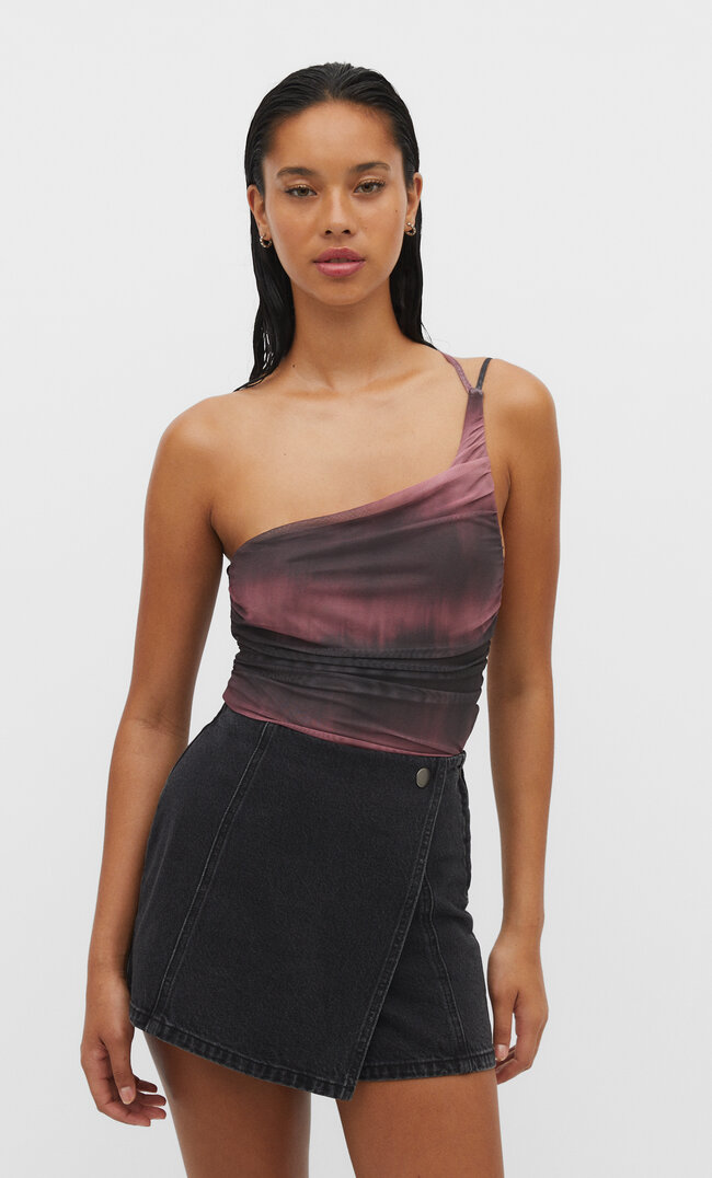 

Stradivarius Asymmetrischer Body aus Tüll mit Print Hellbeige XL