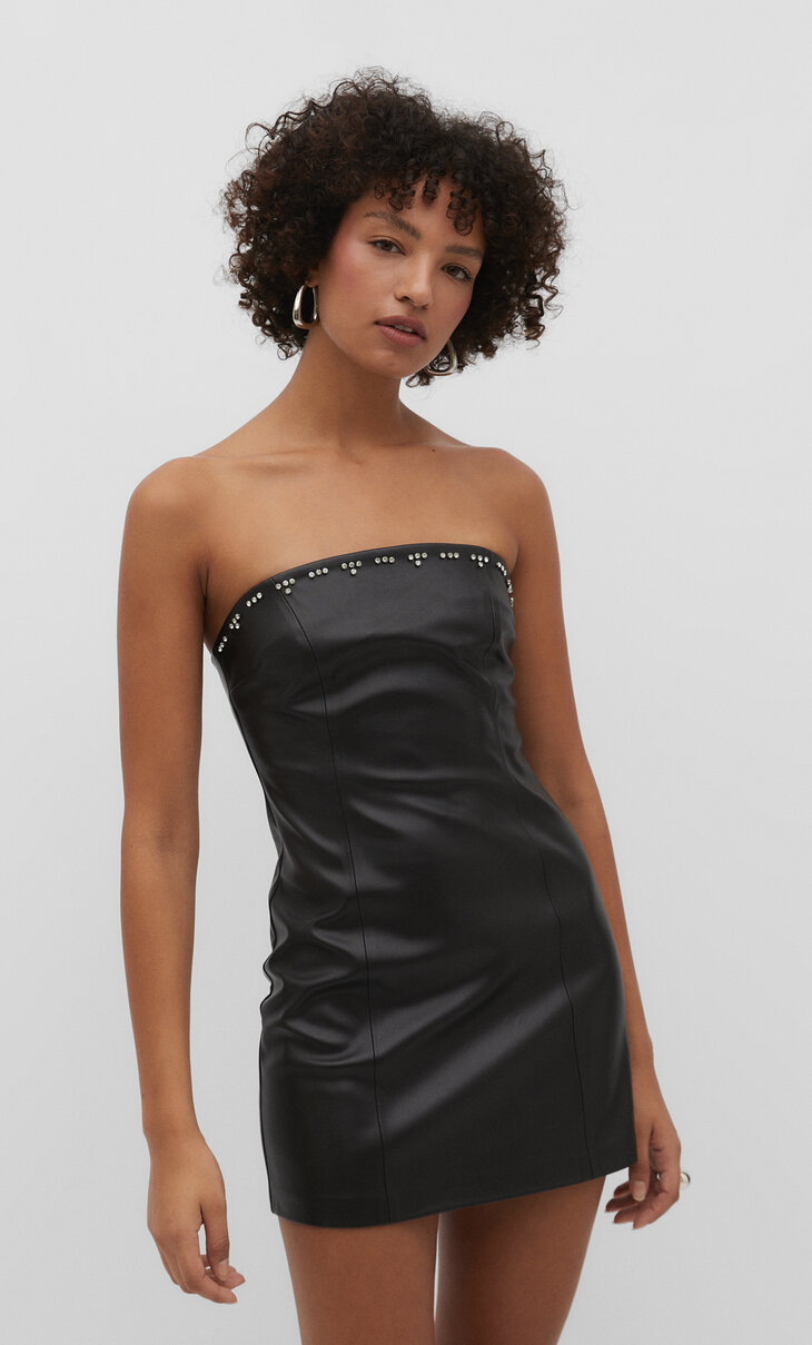 Short faux leather bandeau dress with rhinestones