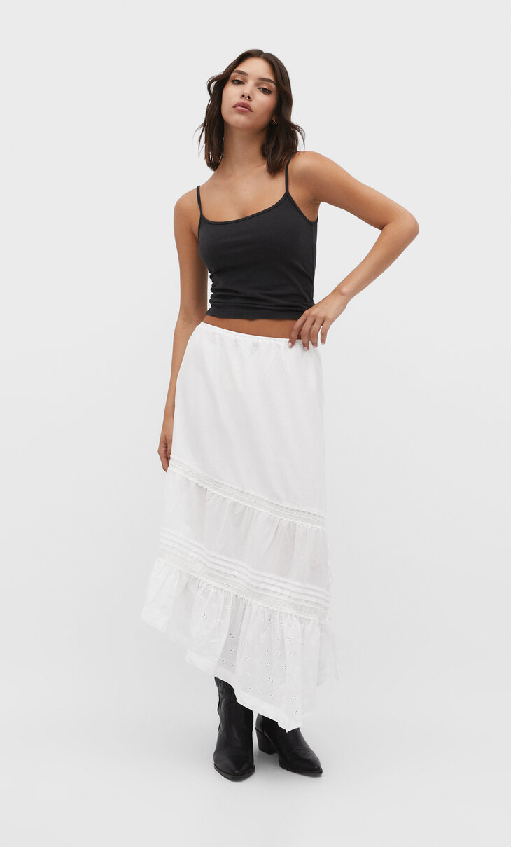 Asymmetric midi skirt with lace trim