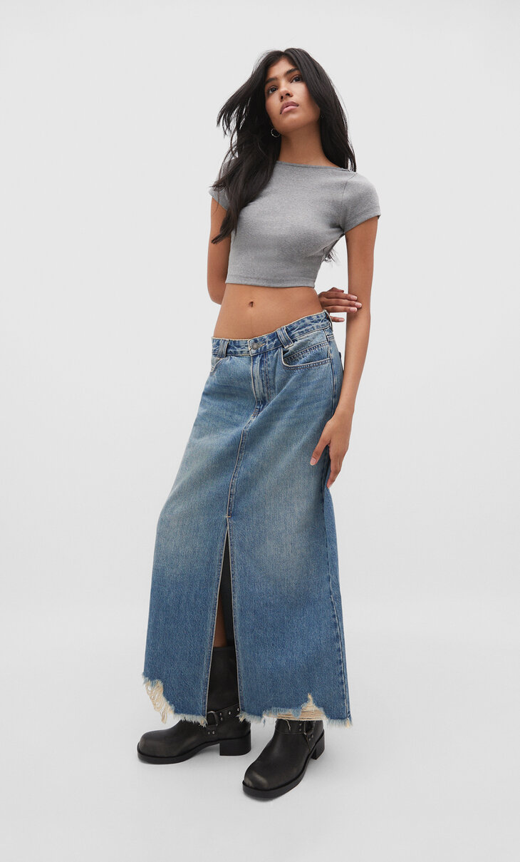 Long denim skirt with front seam