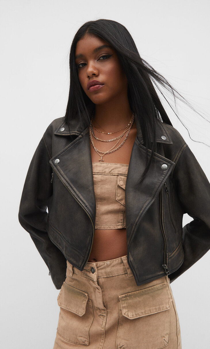 Vintage style leather biker jacket Women's fashion Stradivarius