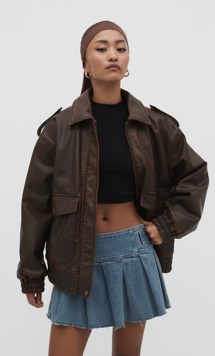 Faded faux leather aviator jacket