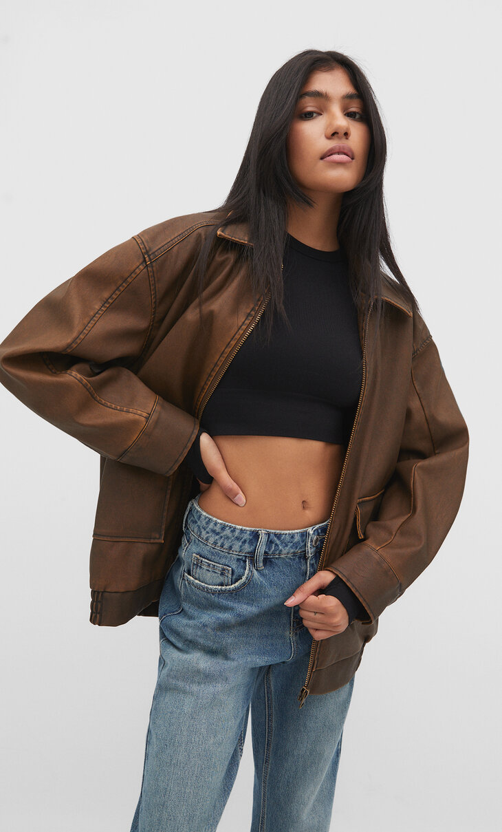 Faded effect faux leather jacket with pockets