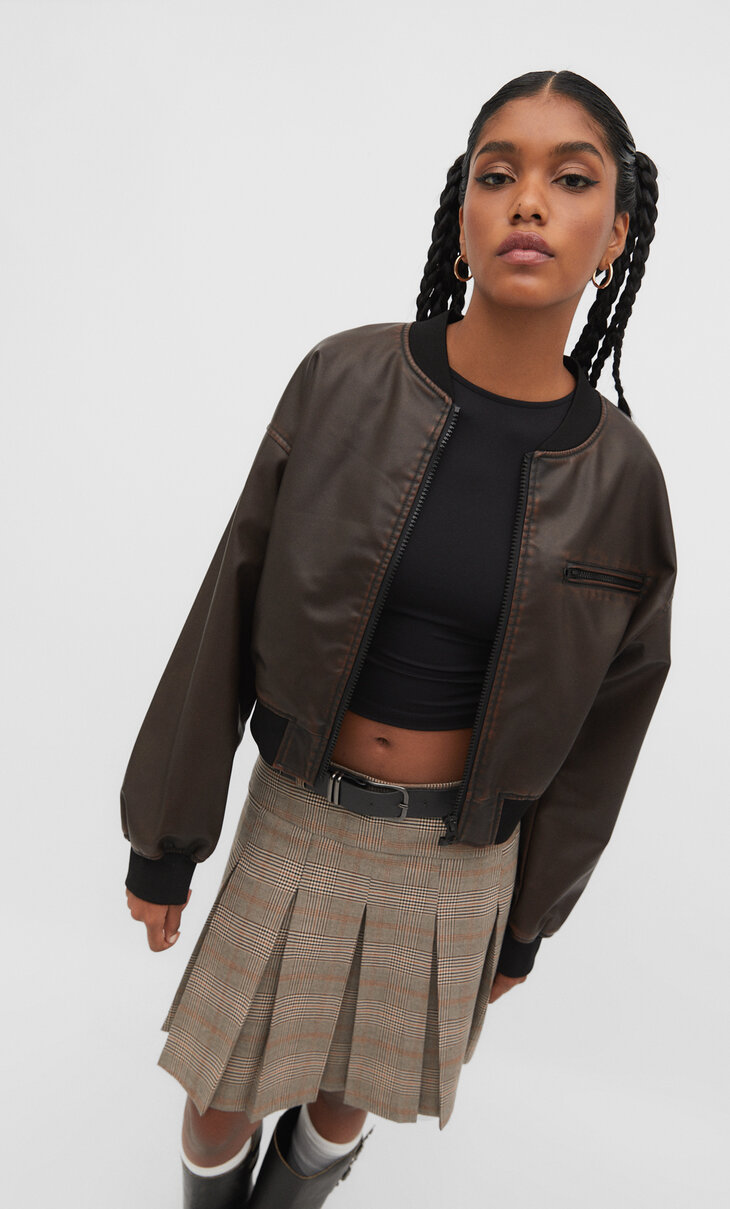 Faded faux leather bomber jacket