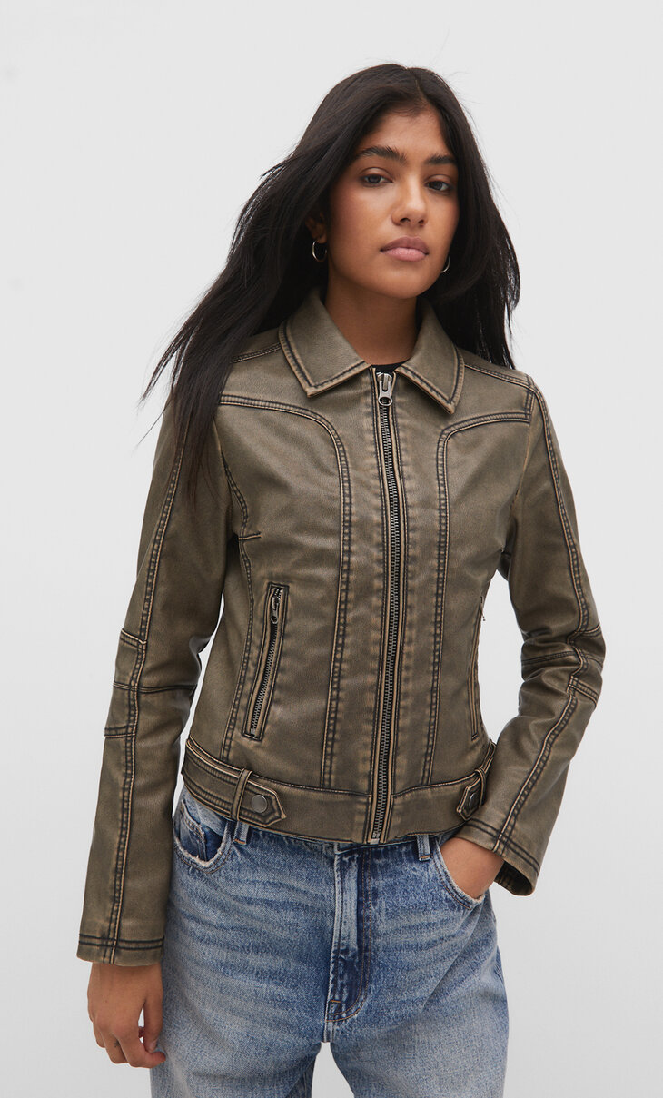 Faded fitted faux leather jacket