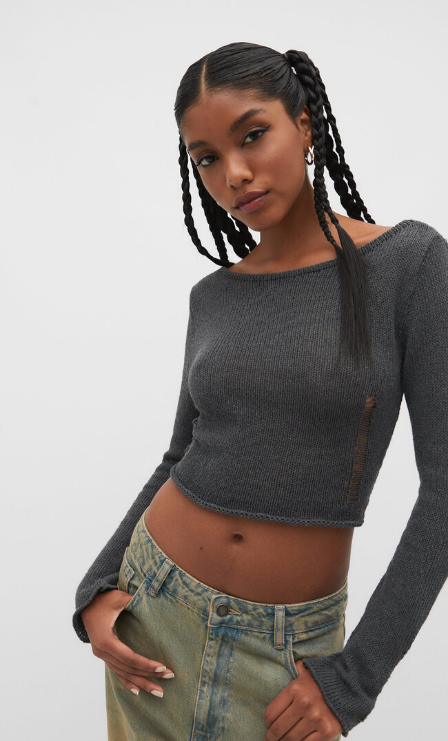 

Stradivarius Strickpullover mit seitlichem Schlitz Grau XL