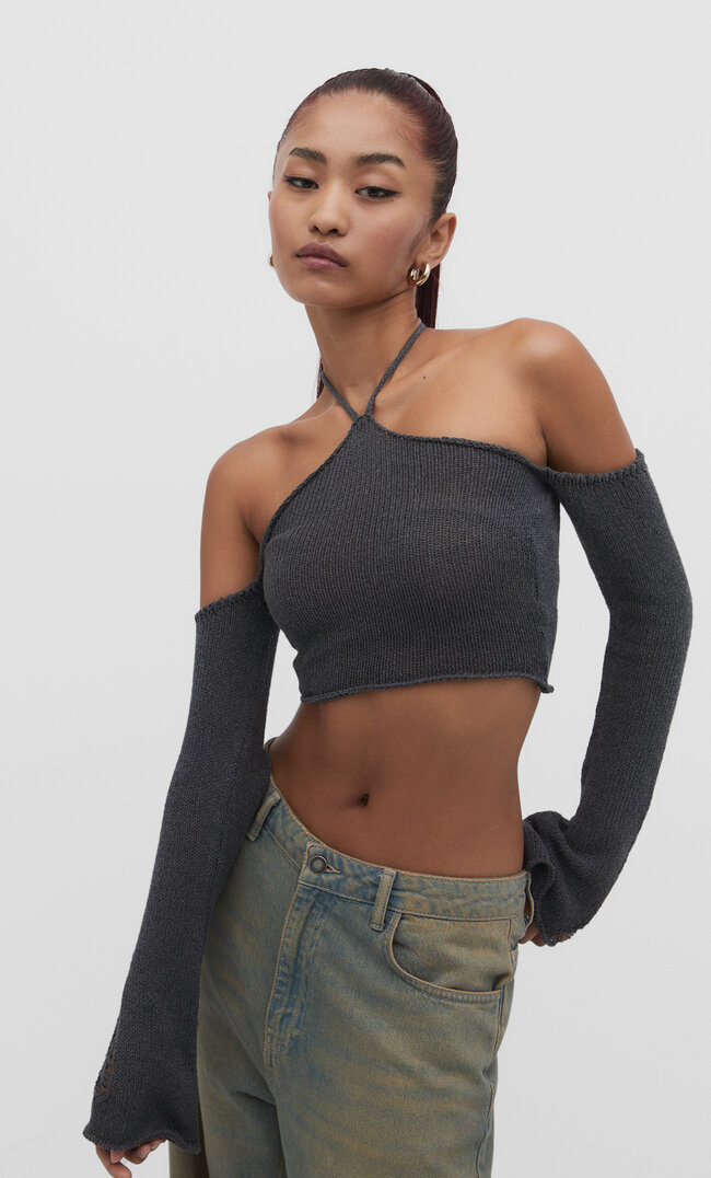 

Stradivarius Sweter z wiązaniem na szyi i odkrytymi ramionami Szary XL