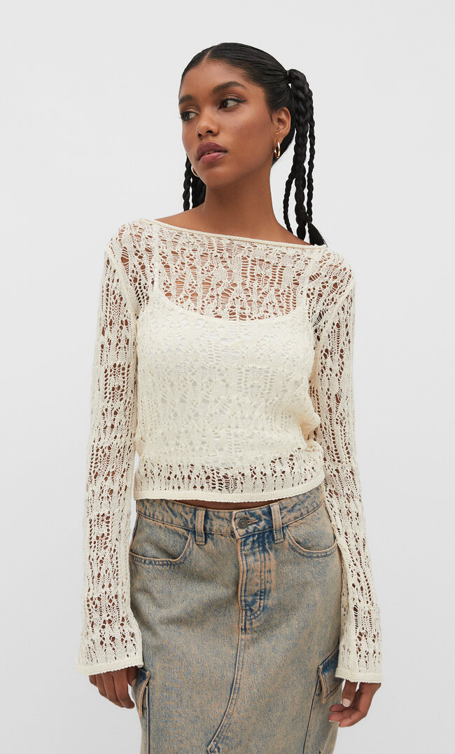 

Stradivarius Strickpullover mit Lochmuster Steingrau XL