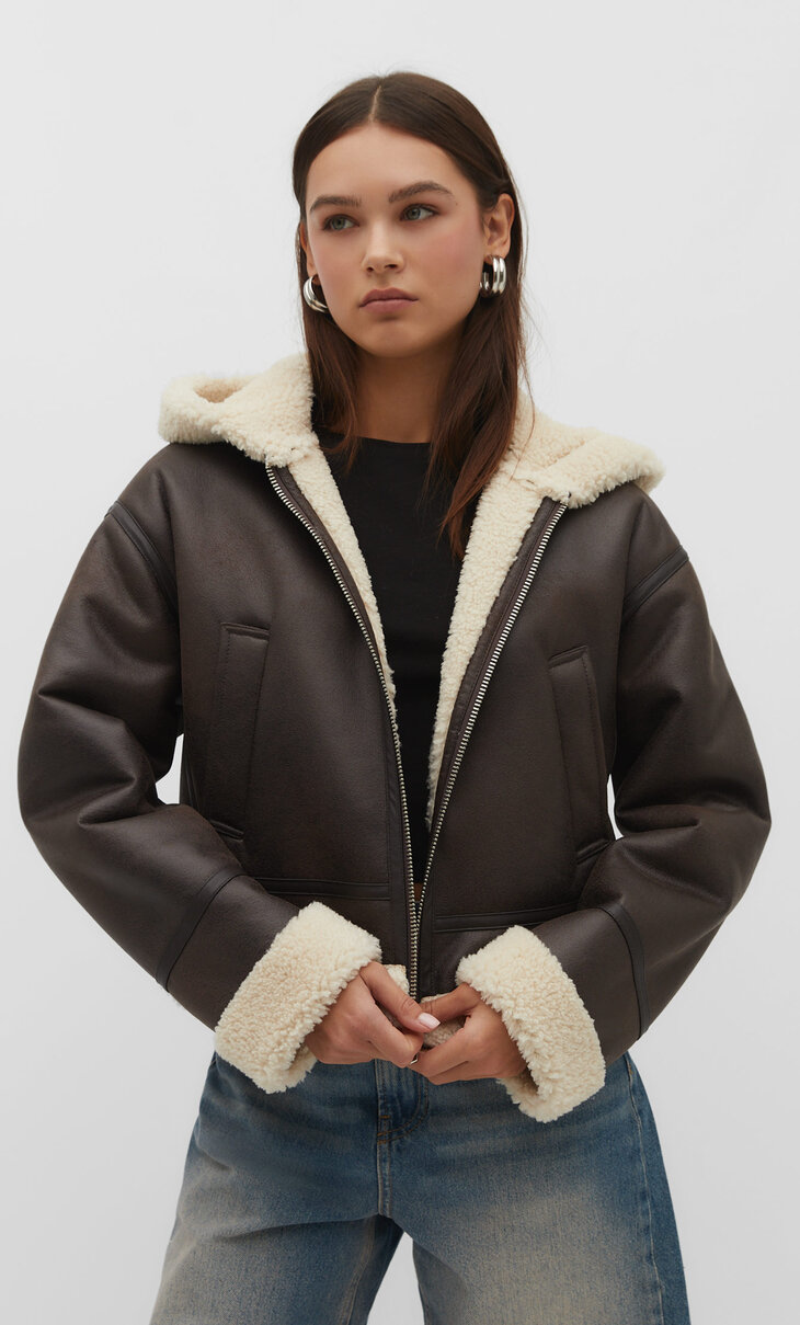 Double-faced aviator jacket with hood