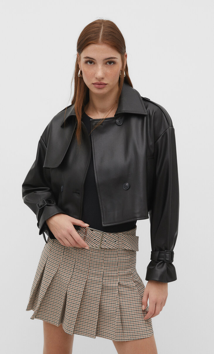 Cropped faux leather trench coat