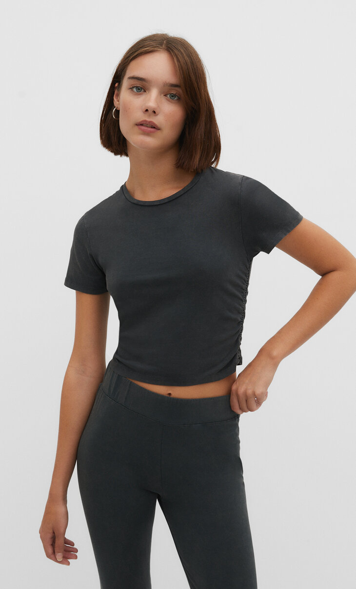 Cotton T-shirt with side gathering