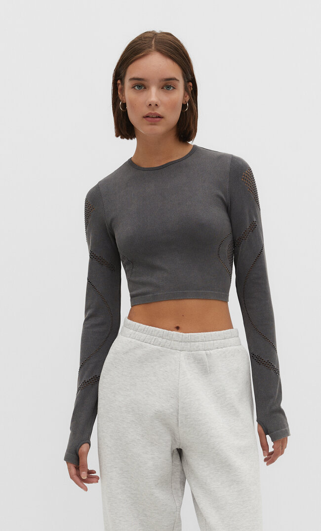 

Stradivarius Nahtloses Shirt im Washed-Look mit Lochmuster Grau XL