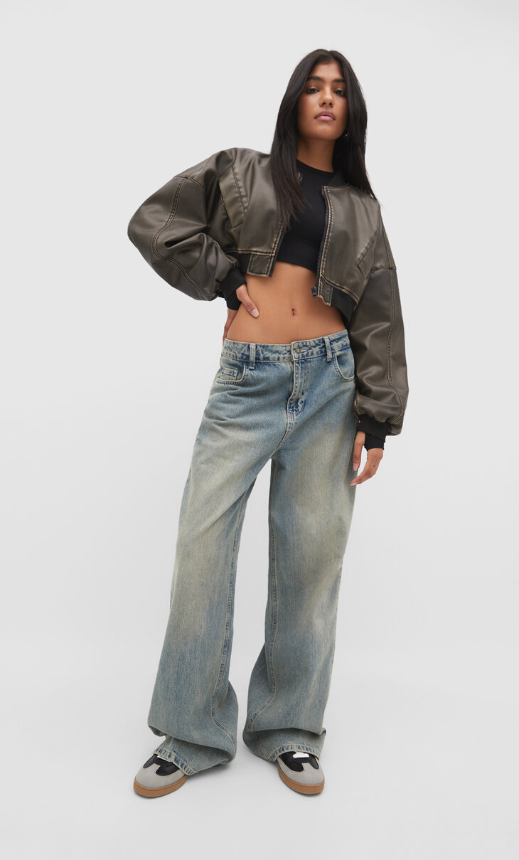 Faded cropped faux leather bomber jacket
