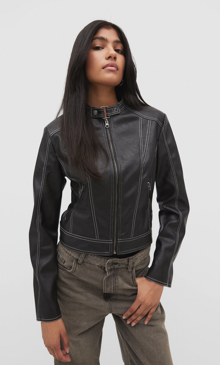 Faux leather jacket with contrast topstitching - Women's See all | Stradivarius United Kingdom