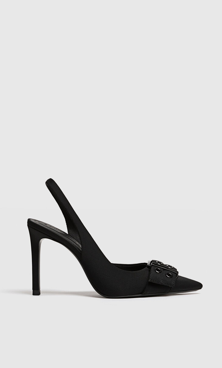 High-heeled buckled slingback shoes