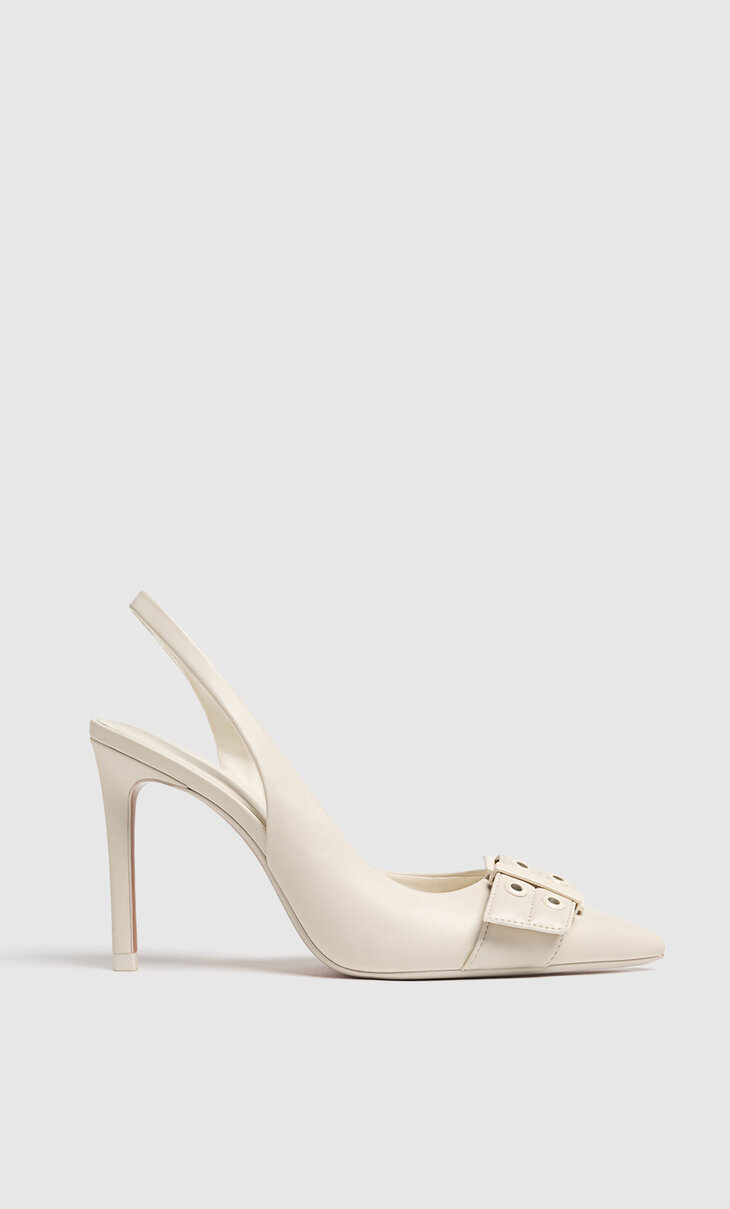 High-heeled buckled slingback shoes