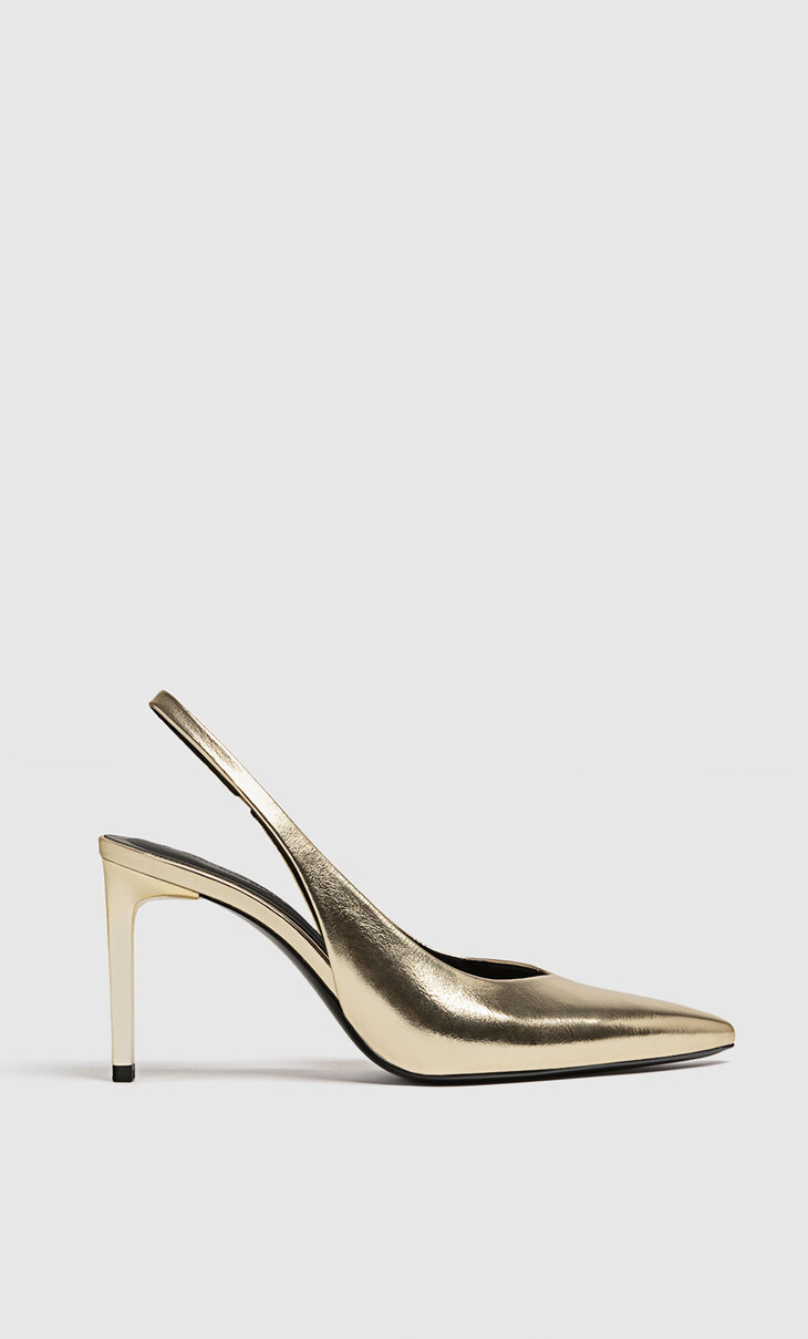 Gold high-heel slingback shoes