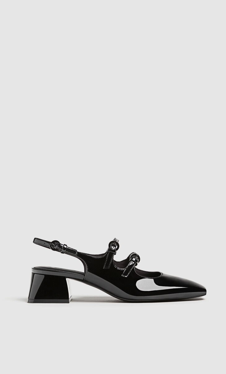 Čierne našuchovacie mules topánky na podpätku v baletkovskom štýle