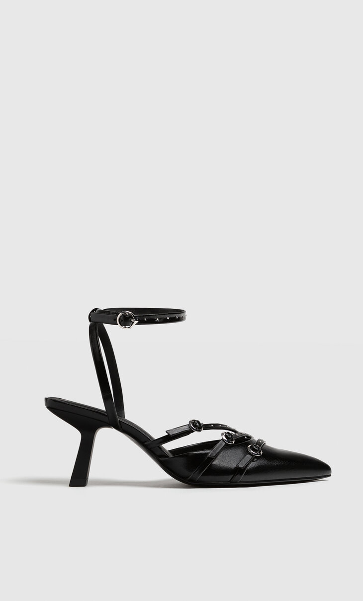 Black high-heel shoes with buckle