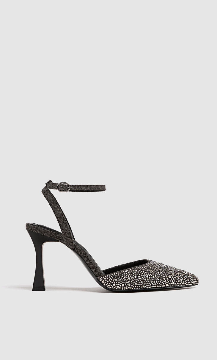 High-heel denim shoes with rhinestones