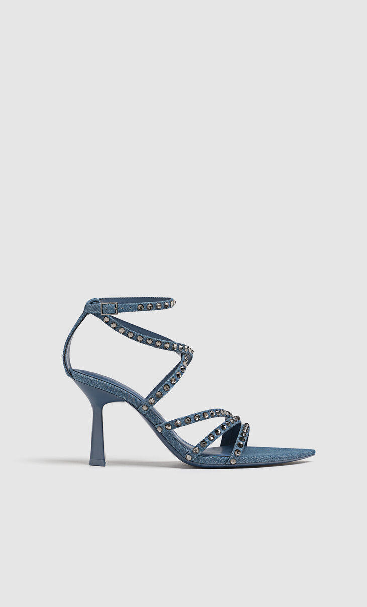 High-heeled denim multistrap sandals