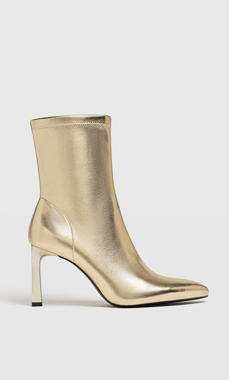 Stretch high-heel gold ankle boots