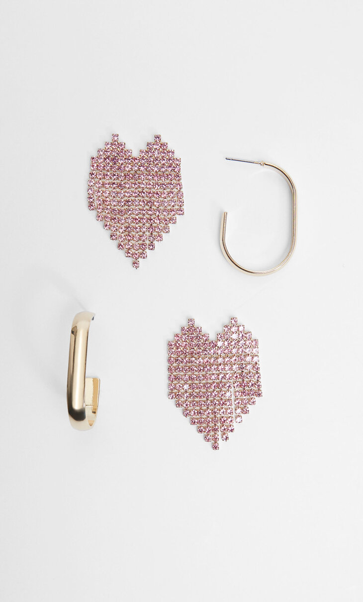 Set of 2 pairs of diamanté heart earrings