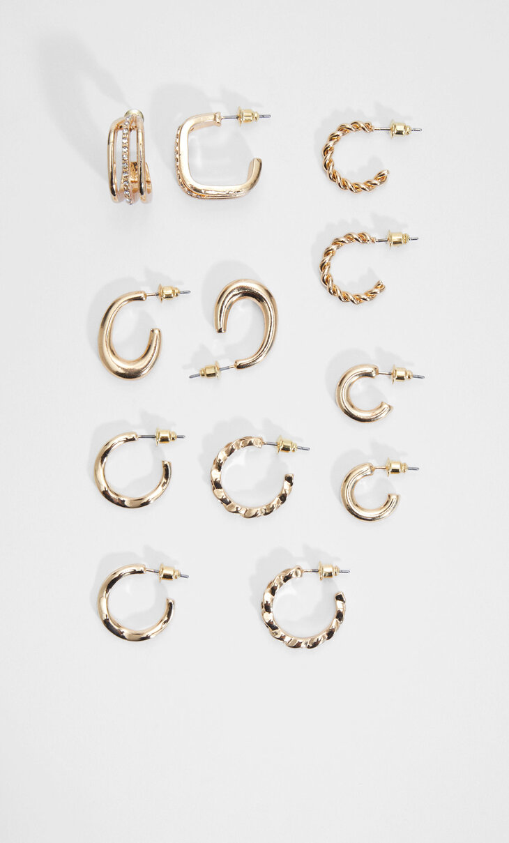 Set of 6 pairs of hoop earrings with rhinestones