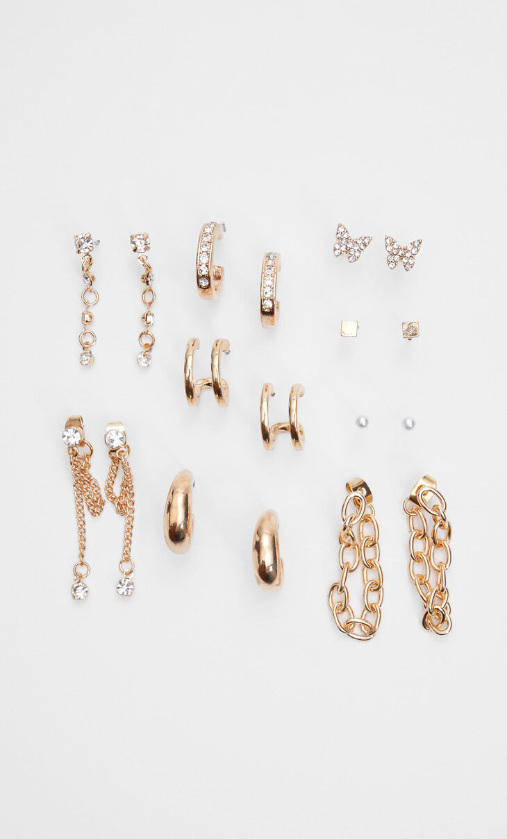 Set of 9 pairs of earrings with rhinestones, butterflies and hoops