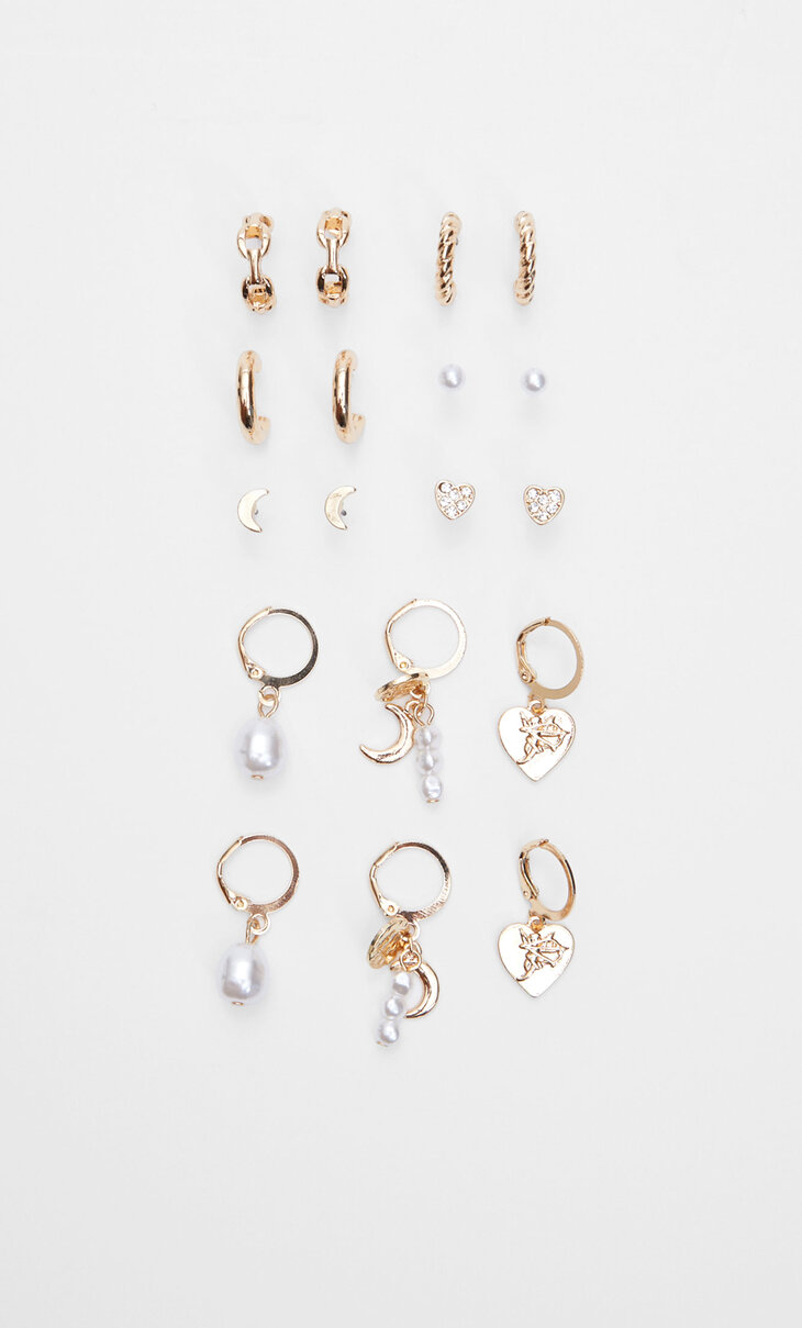 9 porų auskarų su angelais ir dirbtiniais perlais rinkinys