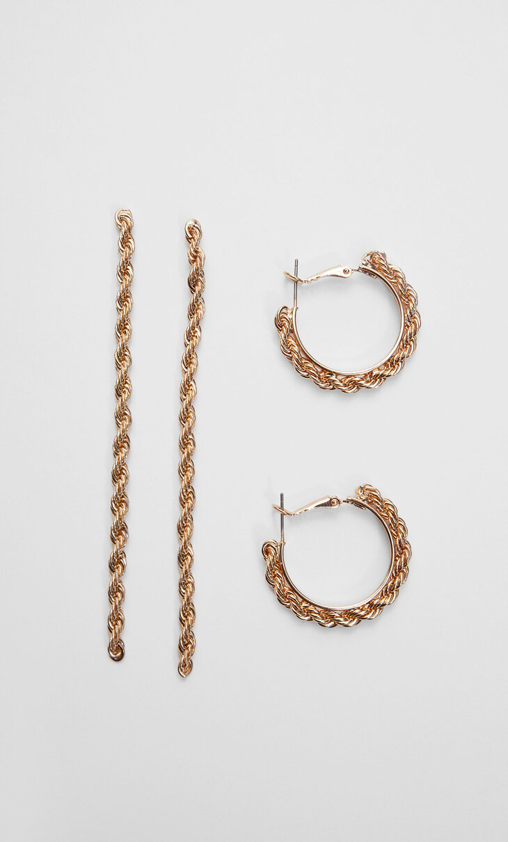 Set of 2 pairs of hoop and cord earrings