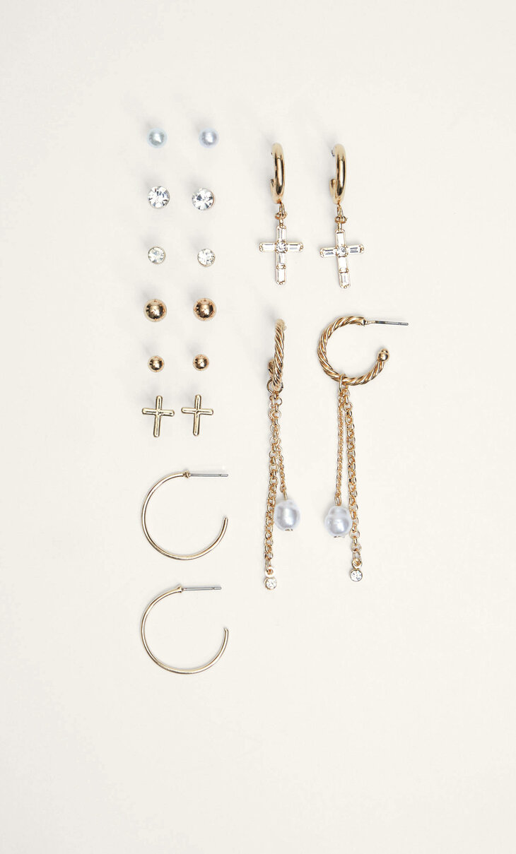 Set of 9 cross and rhinestone earrings
