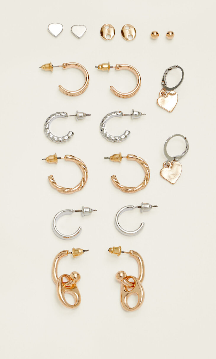 Set of 9 pairs of mixed metal heart earrings