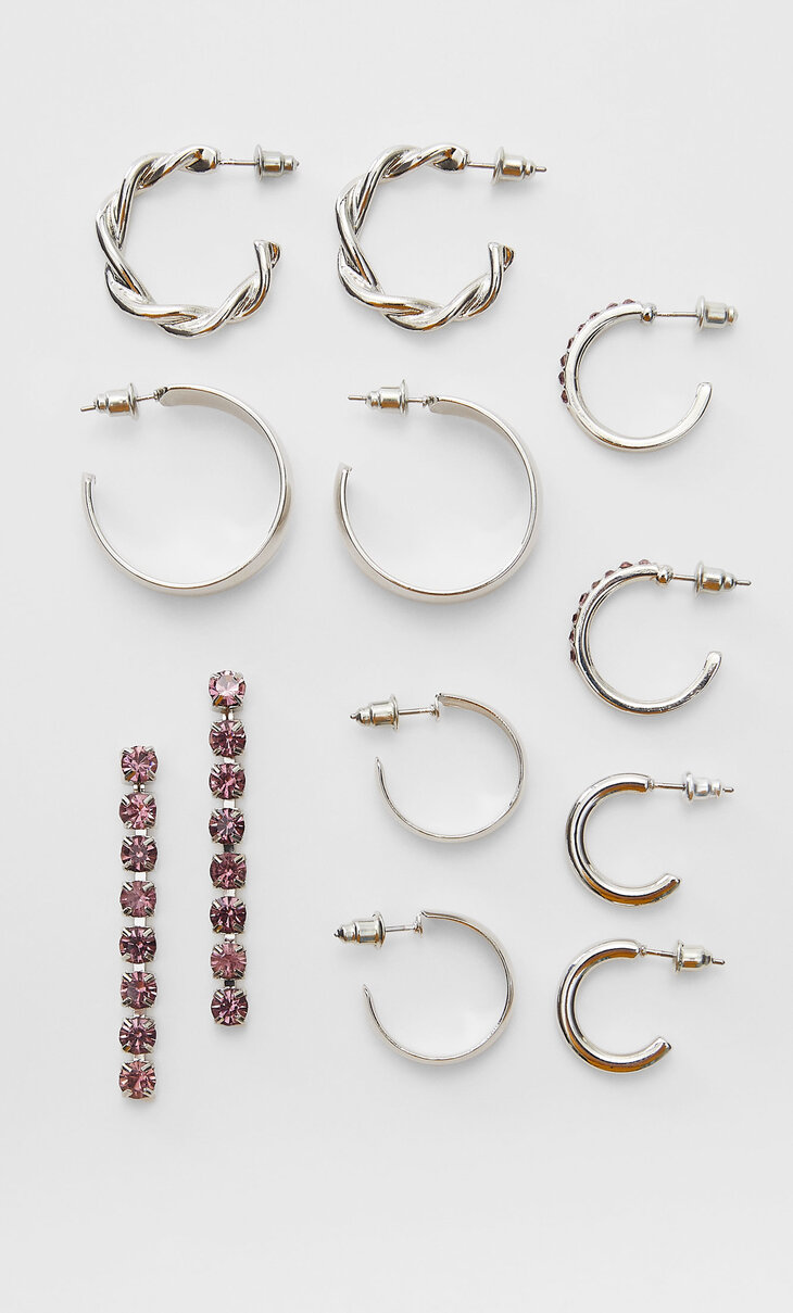 6 auskarų porų rinkinys: su akmenėliais, grandinėle ir žiediniai auskarai