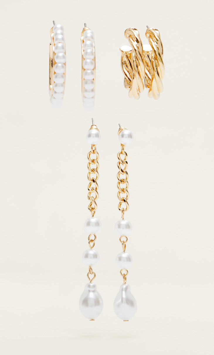 3 porų auskarų su dirbtiniais perlais ir grandinėle rinkinys