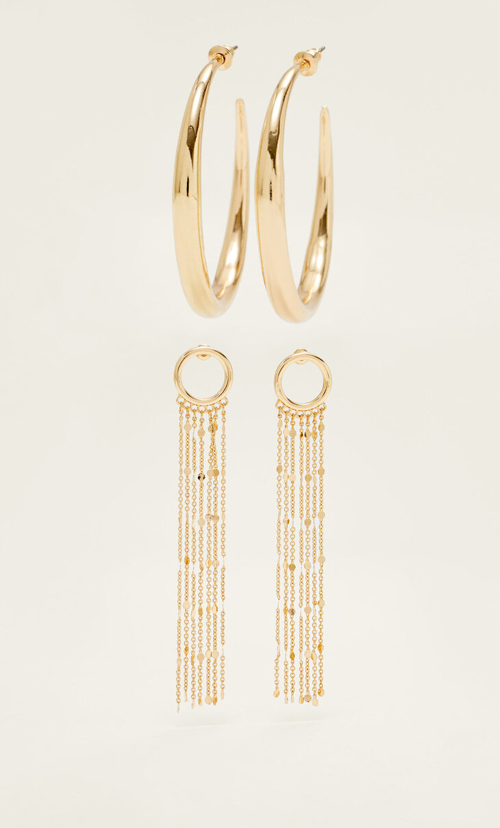 Set of 2 pairs of hoop and chain earrings