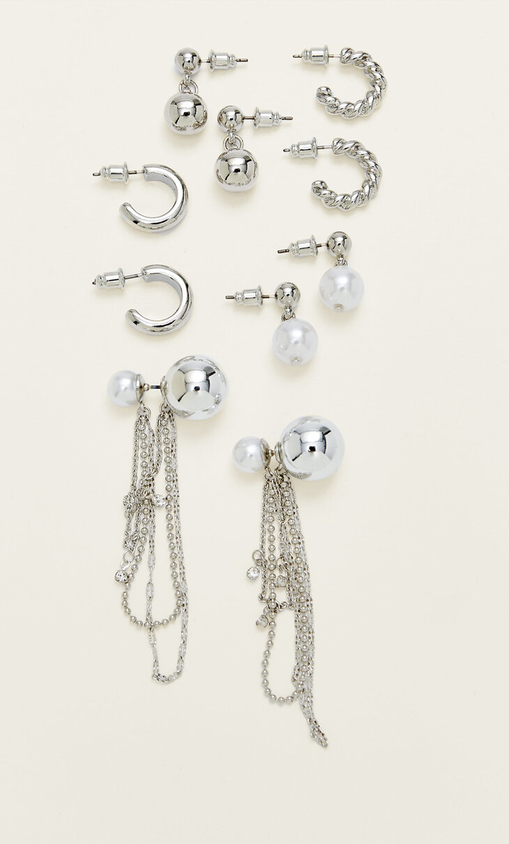 Set of 5 pairs of double bead and hoop earrings