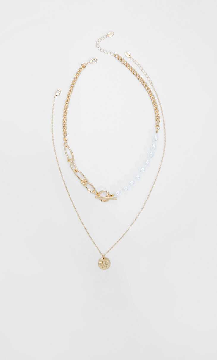 Grandžo stiliaus grandinėlių su dirbtiniais perlais ir angelais rinkinys