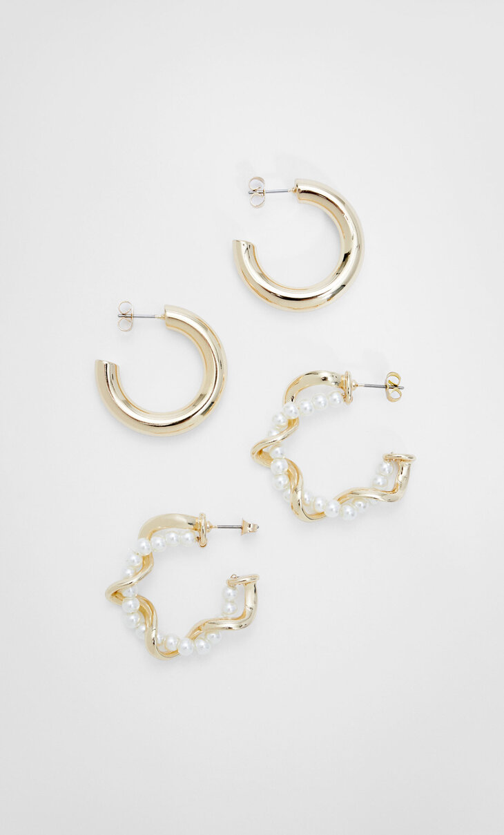 Set of 2 pairs of hoop and pearl bead earrings