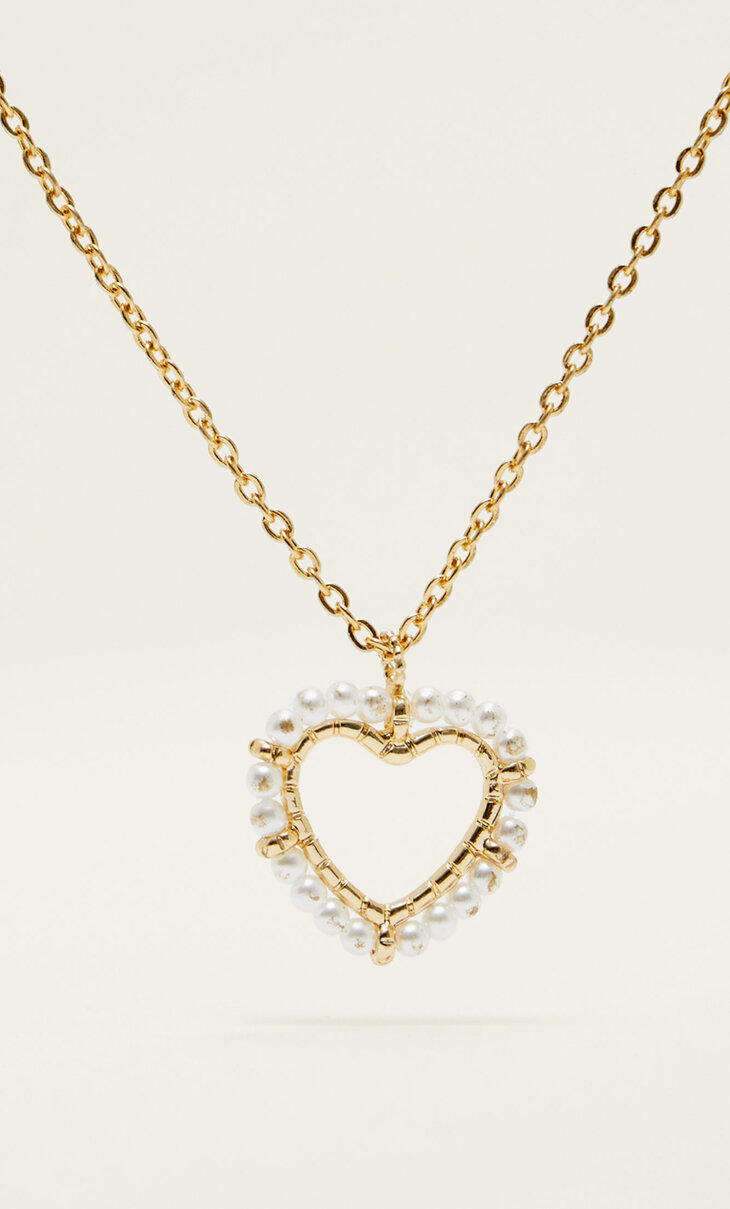 Pearl bead and heart chain. Gold plated.