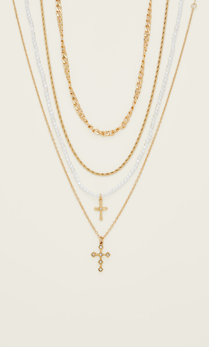 4er-Set Halsketten mit Kreuzen und Kunstperlen