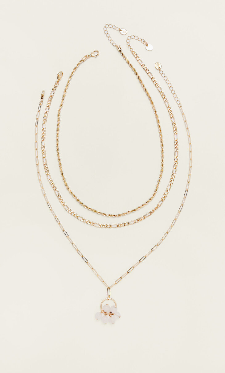 Set of 3 pink quartz necklaces