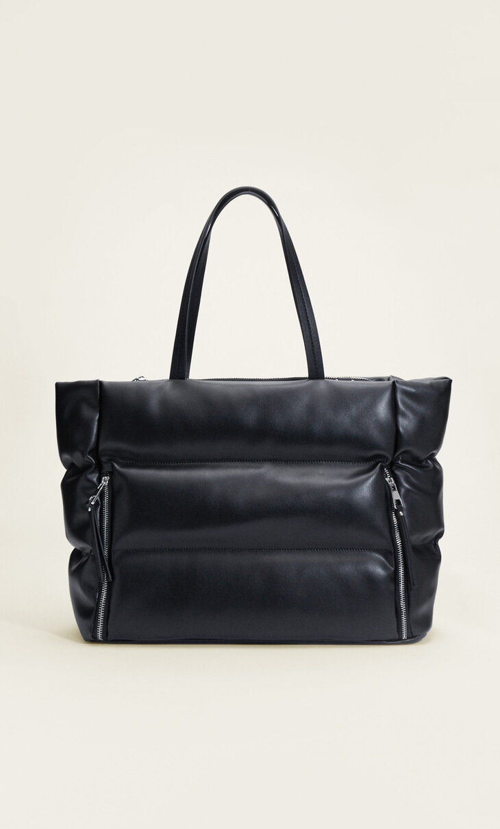 Faux leather quilted tote bag