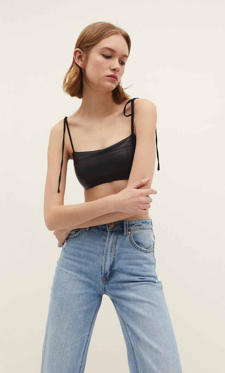 Faux leather bralette with straight neckline