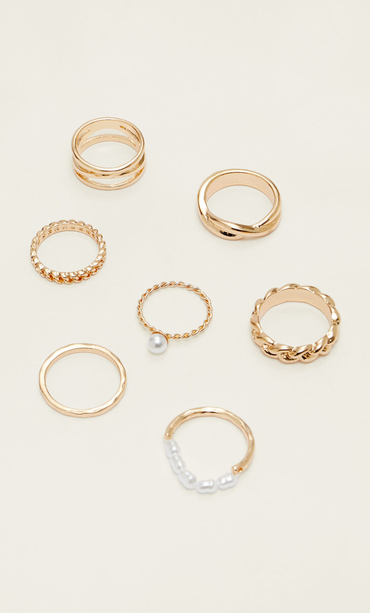 7 žiedų su dekoratyviniais akmenėliais ir dirbtiniais perlais rinkinys