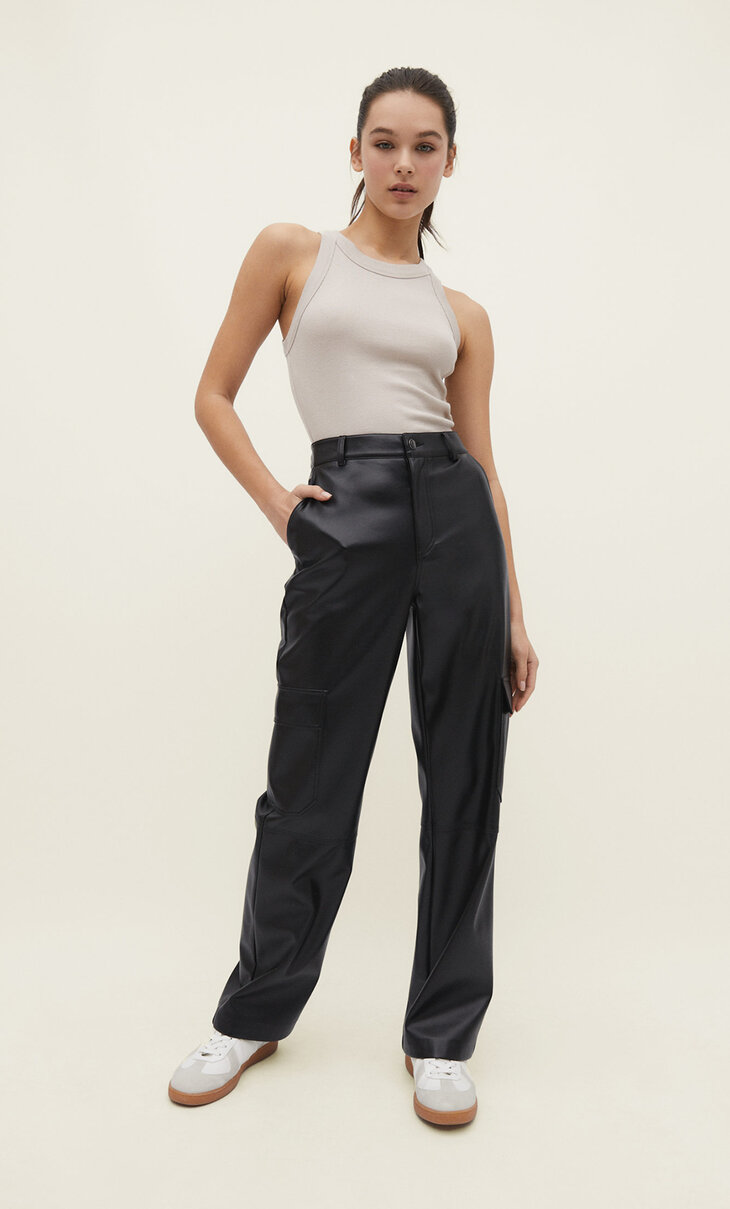ASOS DESIGN faux leather cargo trousers in black  ASOS