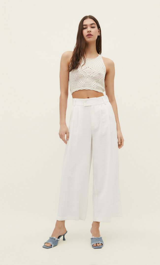 

Stradivarius Culotte-Hose mit Leinenanteil Ecru 40