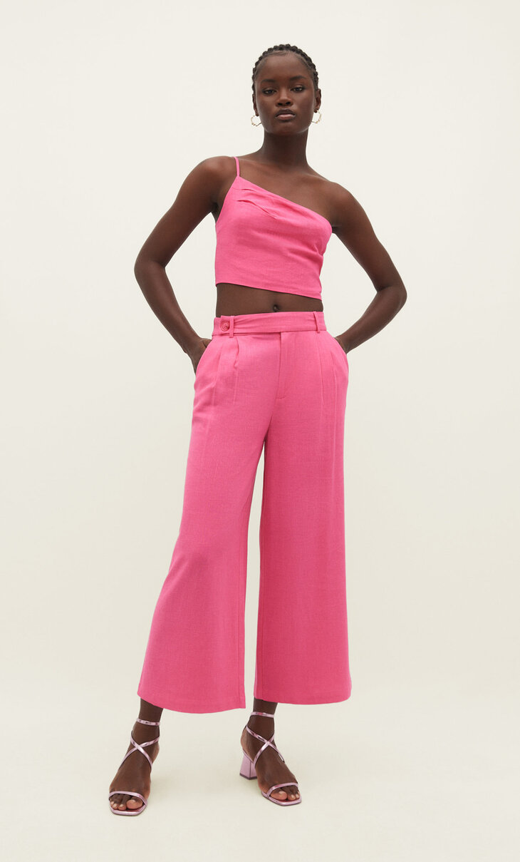 Pantaloni culotte in misto lino