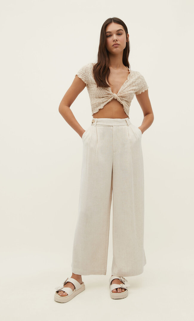 

Stradivarius Spodnie Culotte Z Mieszanki Lnu Szary 42